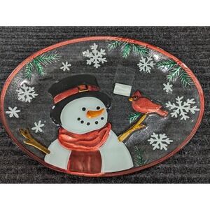 St. Nicholas Square Yuletide Snowman Cardinal Glass Oval Serving Platter Xmas